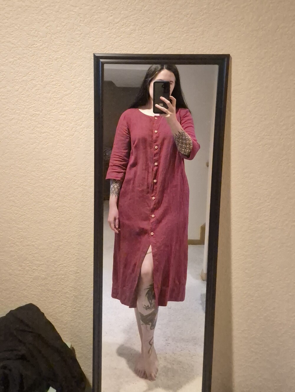 Linen Fox Red Linen Button Front Midi Dress, Size L - Picture 8 of 11